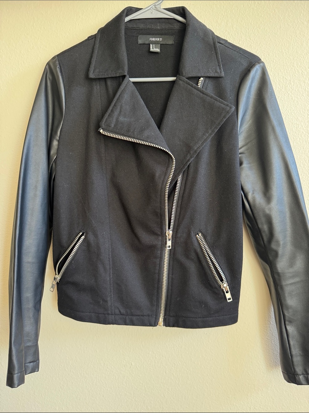 Forever 21 Black Mixed-Media Moto Blazer with Faux Leather Sleeves